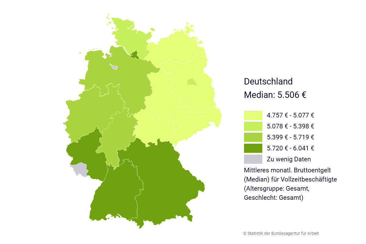 Medianentgelt nach Bundesländern und Städten für den Beruf "Bauleiter/in" in der Berufsgattung "Führungskräfte - Bauplanung & -überwachung, Architektur" zuletzt aufgerufen am 31.10.2024 © Statistik der Bundesagentur für Arbeit (https://web.arbeitsagentur.de/entgeltatlas/beruf/5626)