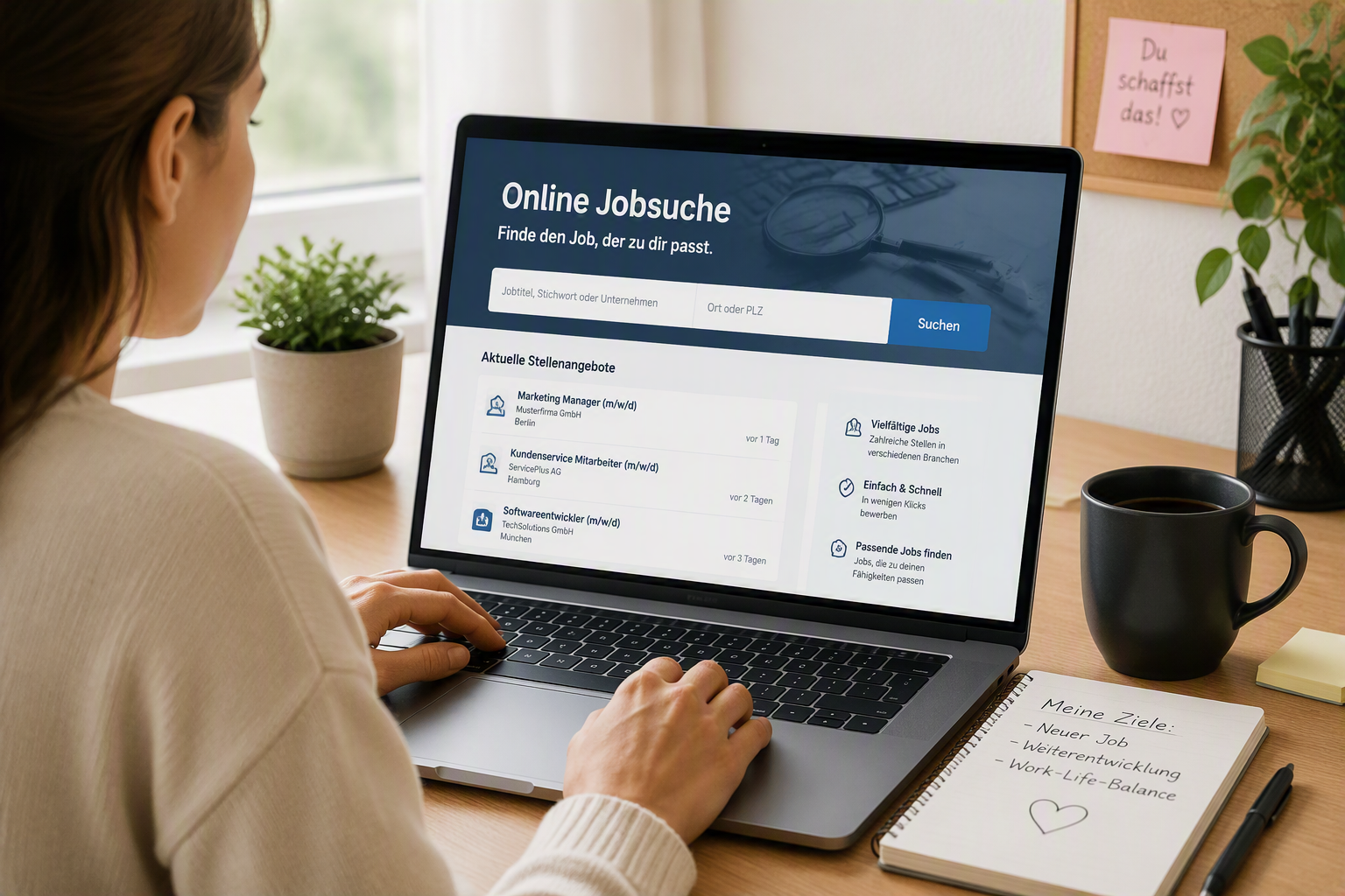 Person auf Jobsuche vor dem Laptop sitzend